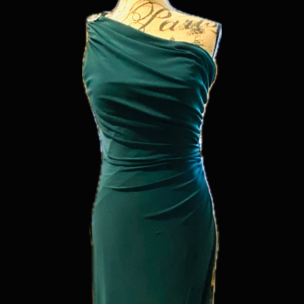 Lauren One Shoulder Stretch Knit Gown Forest Green Size 10